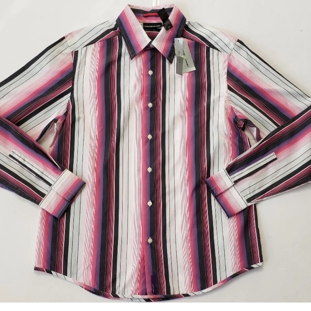 DKNY JEANS Men's XL Bold Stripe Button Down Shirt - Pink, Black, Purple - Picture 4 of 12
